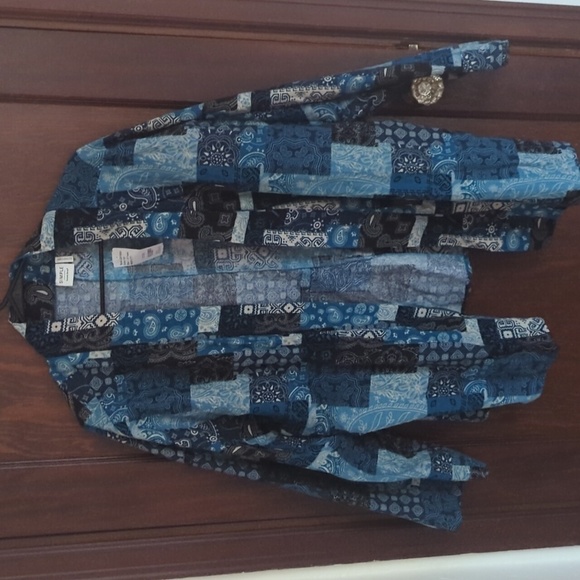 New with Tags Simple Suzanne Betro Blue Patchwork Bohemian Open Cardigan Size 1X - Picture 1 of 8